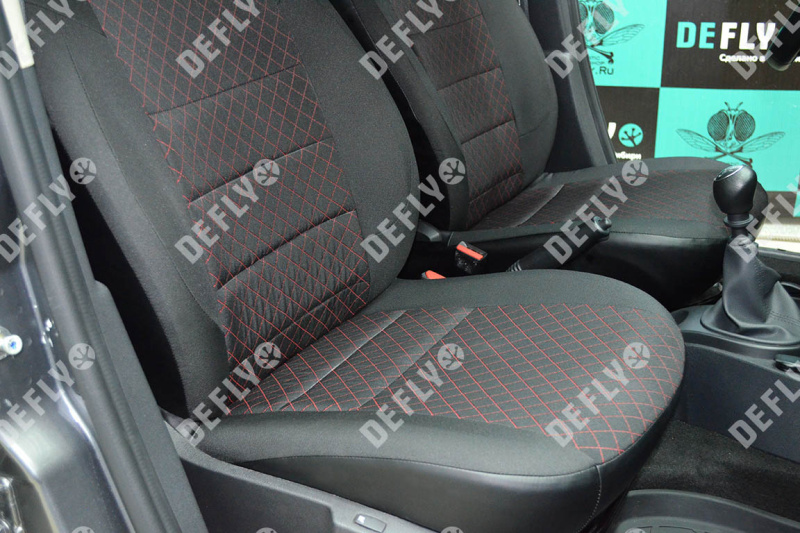 Чехлы на сиденья Renault Duster (HS), 2015-2021, Expression, Privilege, экокожа черная/жаккард красный ромб