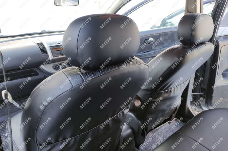 Чехлы на сиденья Nissan Note (E11), 2005-2007, правый руль, спинка 2 ряда раздельная, экокожа черная